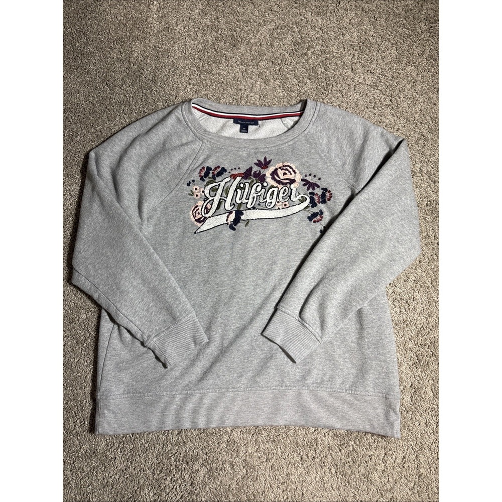 Tommy Hilfiger Womens Floral Logo Sweatshirt Gray Raglan OX